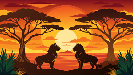 Two lions facing each other at sunset time