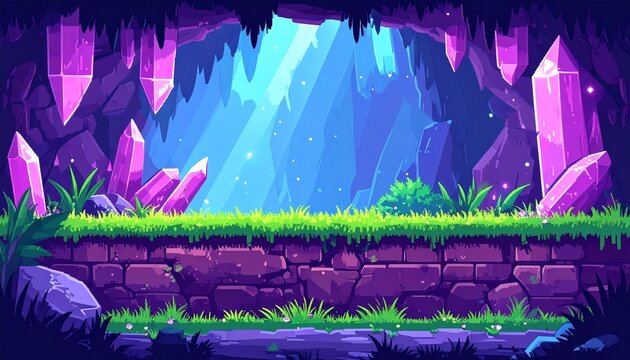 pixel art retro game level, Crystal Cavern, 8 bit 2d video game background, undergrou 