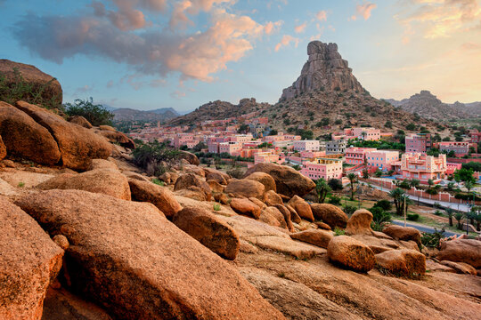 The Napoleon's Hat rock in Tafraoute city, Atlas mountains, Morocco