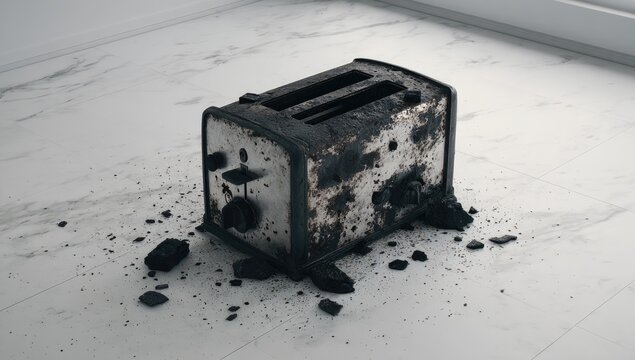 Broken toaster on a marble floor