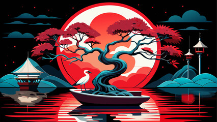 Bonsai tree and heron in a tranquil scene