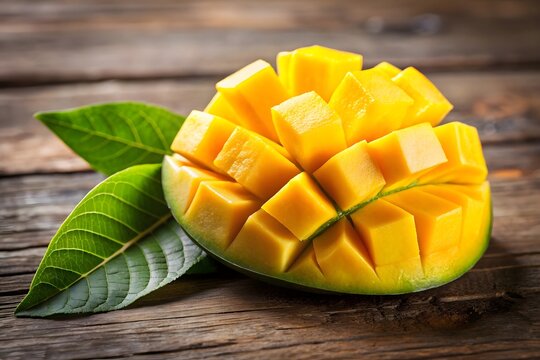 Fresh and juicy mango fruit cut into cubes with green leaves on wood