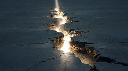Hyperrealistic image of a light beam splitting through cracked concrete symbolizing resilience hope and illumination with dramatic shadows and textured urban or architectural surface