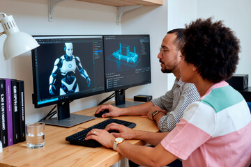 Young adult Caucasian man and young adult Black woman collaborating at desk, working on computer screens displaying robot model and technical schematics in modern office setting