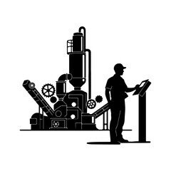 Factory worker operating machinery with transparent background