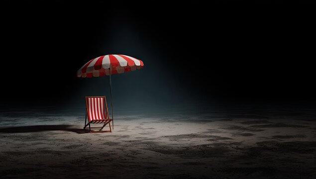 Empty beach scene at night under a striped umbrella