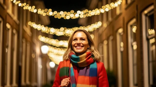 A smiling woman walks down a street decorated with festive string lights at night
