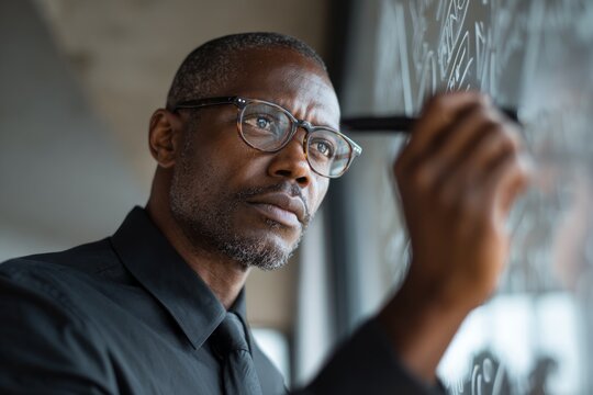 African American man in black shirt and glasses is writing equations on a glass board, showcasing analytical skills and focus in a modern workspace environment
