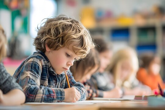 A young kid concentrates hard while writing at a school desk.