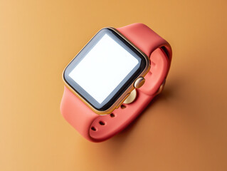 Modern smartwatch with blank screen and coral band on a warm orange background