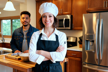 Portrait of young adult Caucasian woman chef standing with arms crossed in modern kitchen, smiling at camera, young adult Black man standing in background near countertop