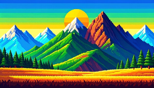 Landscape 8bit pixel art. Summer natural landscape mountain scenery arcade video game