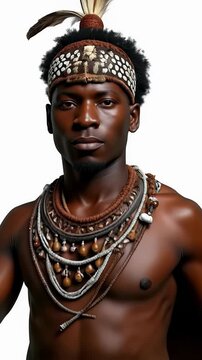 Zulu warrior in ceremonial dress showcases traditional attire and customs with a spear and shield in vibrant display