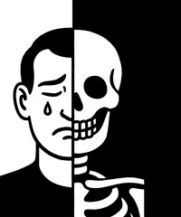 One side crying human, other side smiling skeleton -emotion paradox vector vector with white background 