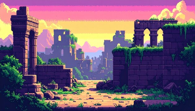 pixel art game level background, 8 bit, landscape, arcade video game, pixelated - Powered by Adobe