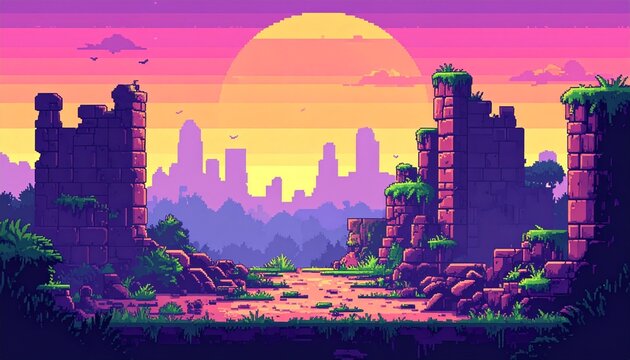 pixel art game level background, 8 bit, landscape, arcade video game, pixelated