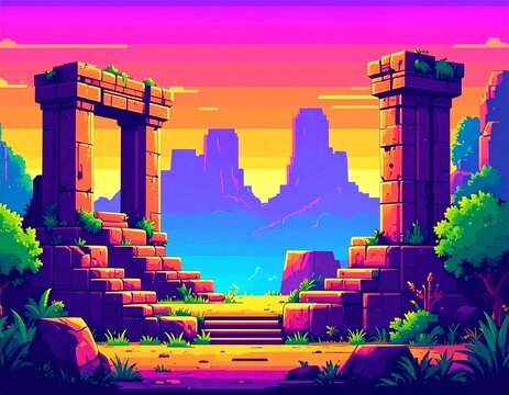 pixel art game level background, 8 bit, landscape, arcade video game, pixelated - Powered by Adobe