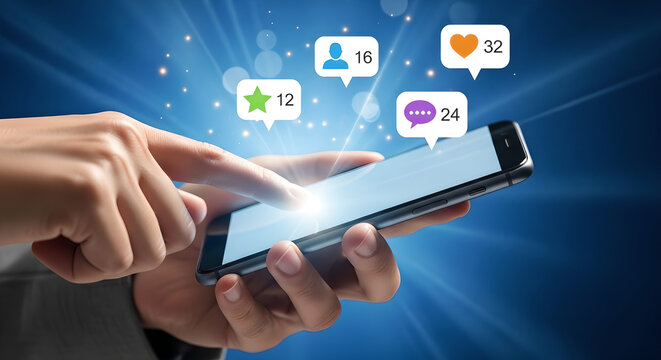 Social Media Smartphone Hands Digital Communication Blue Copy Space - Powered by Adobe