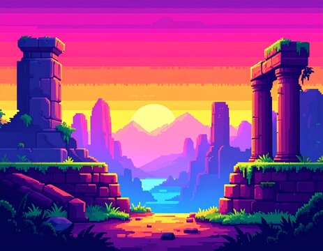 pixel art game level background, 8 bit, landscape, arcade video game, pixelated