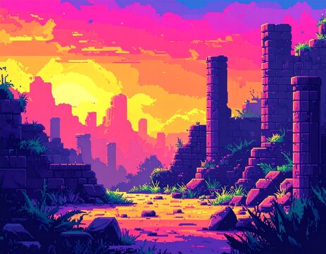 pixel art game level background, 8 bit, landscape, arcade video game, pixelated