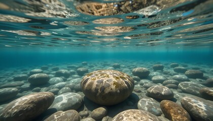 Underwater View of Smooth Stones in Clear Blue Water