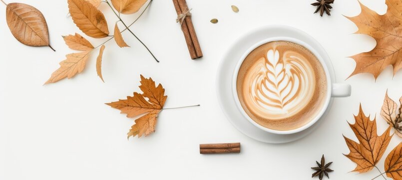Cozy halloween coffee cup with latte art, cinnamon sticks, and autumn leaves in a flat lay setting - Powered by Adobe