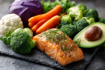 Salmon fillet and fresh vegetables arranged for a healthy meal.