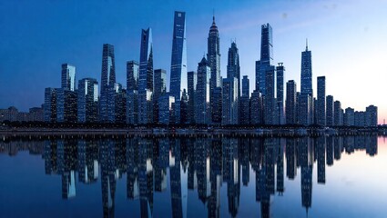 Modern City Skyline Reflected in Water at Twilight.