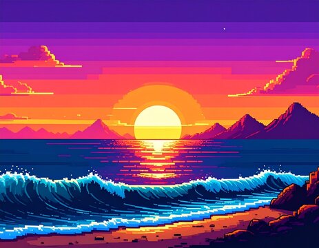 Vibrant pixel sunset over ocean horizon in 8-bit retro game art style