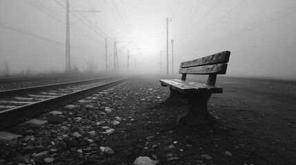 Hyperrealistic scene of a lonely bench facing foggy train tracks evoking solitude melancholy and quiet reflection with soft muted light and atmospheric urban or rural setting