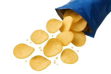 Potato chips spilling from snack bag, scattered crisps, food and eating, transparent background