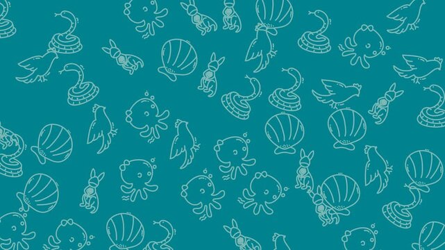Abstract underwater sea creatures and shells pattern background.