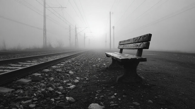 Hyperrealistic scene of a lonely bench facing foggy train tracks evoking solitude melancholy and quiet reflection with soft muted light and atmospheric urban or rural setting