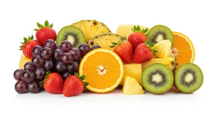A vibrant assortment of fresh fruits including grapes strawberries kiwi pineapple and orange slices isolated on white background