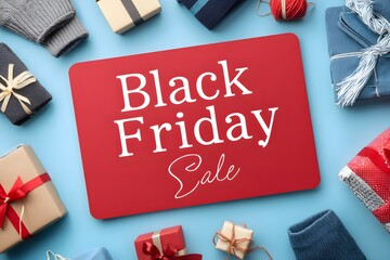 Black Friday sale presents gifts around a red sign.