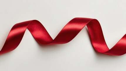 Flat lay of shiny red satin ribbon artistically curved on a clean white background, emphasizing luxury and sophistication