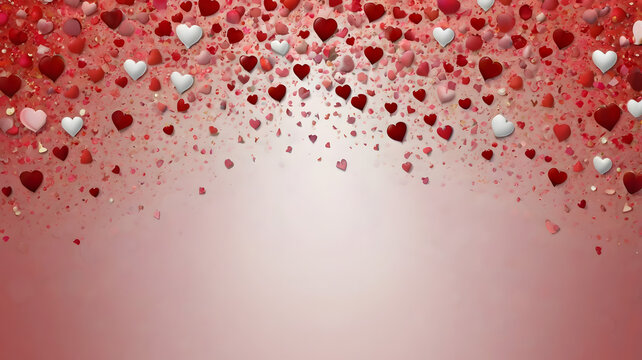 Falling red and white heart confetti on a soft pink gradient background