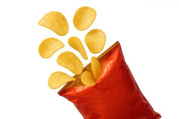 Potato chips flying out of red packaging bag, crisp snack food for party, transparent background