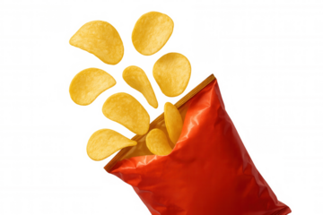 Potato chips flying out of red packaging bag, crisp snack food for party, transparent background