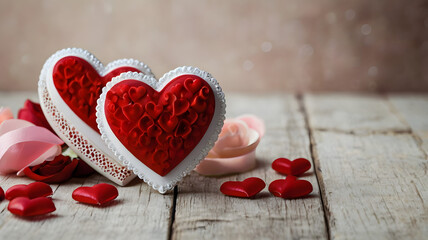 Fototapeta premium Two decorative hearts with ribbons and petals on a rustic wooden surface