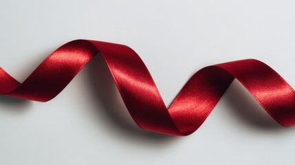 Flat lay of shiny red satin ribbon artistically curved on a clean white background, emphasizing luxury and sophistication