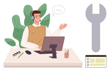 Male support agent wearing a headset and using a computer to assist clients. Includes a large wrench symbol, plant, and desktop tools. Ideal for service, help desk, technology, communication, online