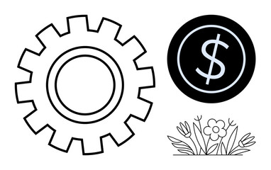 Large gear, coin with dollar sign, and flower outline symbolizing industry, growth, nature. Ideal for business, finance, eco-balance, economics innovation management sustainability simple flat