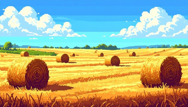 A pixel art landscape featuring golden hay bales scattered across a vast field under