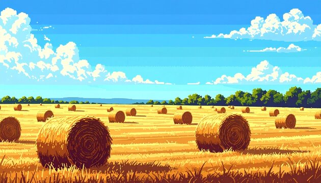 A pixel art landscape featuring golden hay bales scattered across a vast field under
