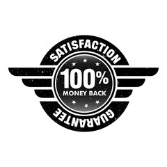 Black 100% money-back satisfaction guarantee stamp icon in grunge rubber style. Vector label for product quality, refund policy, and trust assurance graphics