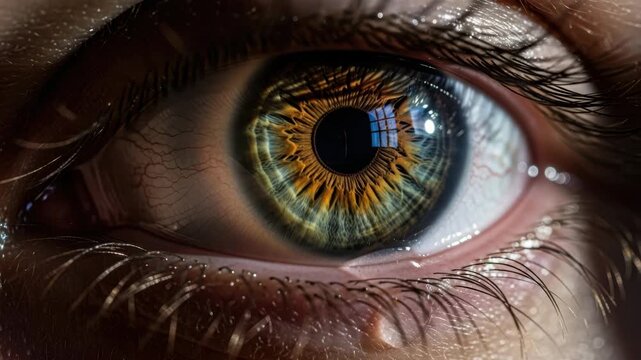 A detailed closeup of a human eye with intricate patterns and reflections
