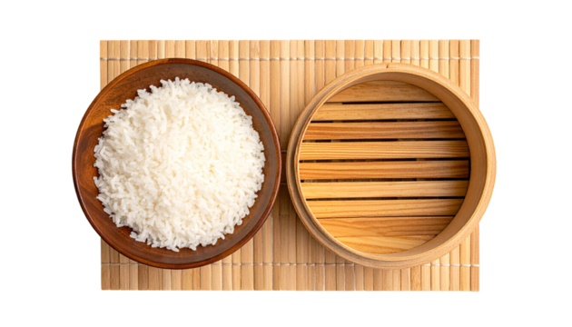 Natural Wooden Sushi Accessories with Cooked Rice, Minimalist Kitchen Arrangement