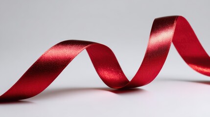 Ribbon photography of a single shiny red satin ribbon curved gracefully on white, with natural light enhancing reflections