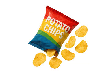 Potato chips bag spilling snack food, crispy crisps falling out, delicious junk food, transparent background